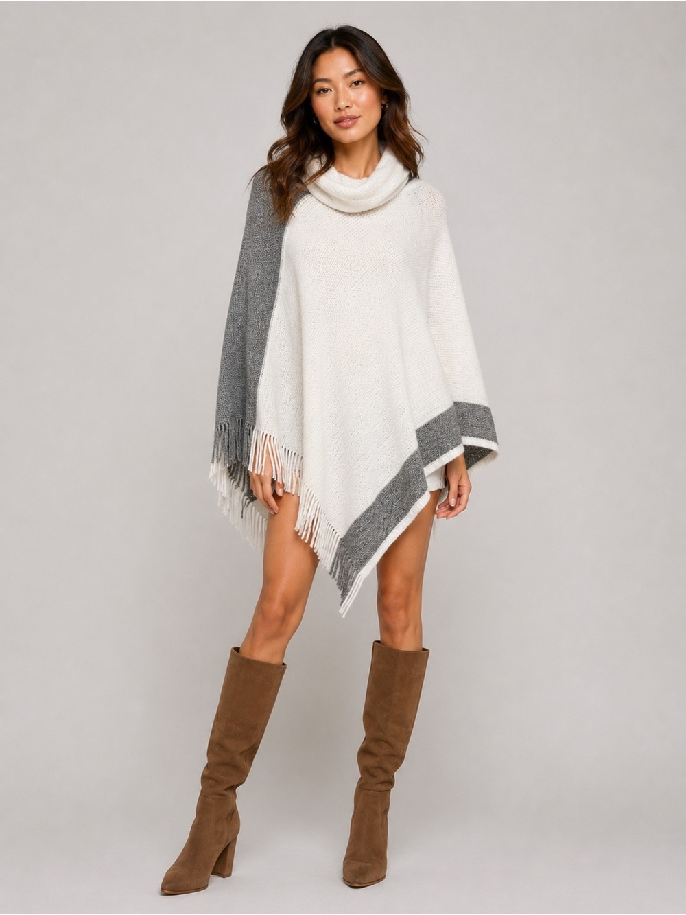 La Vie en Rose Colour Block Knit Poncho Shawl Fringe Hem O/S